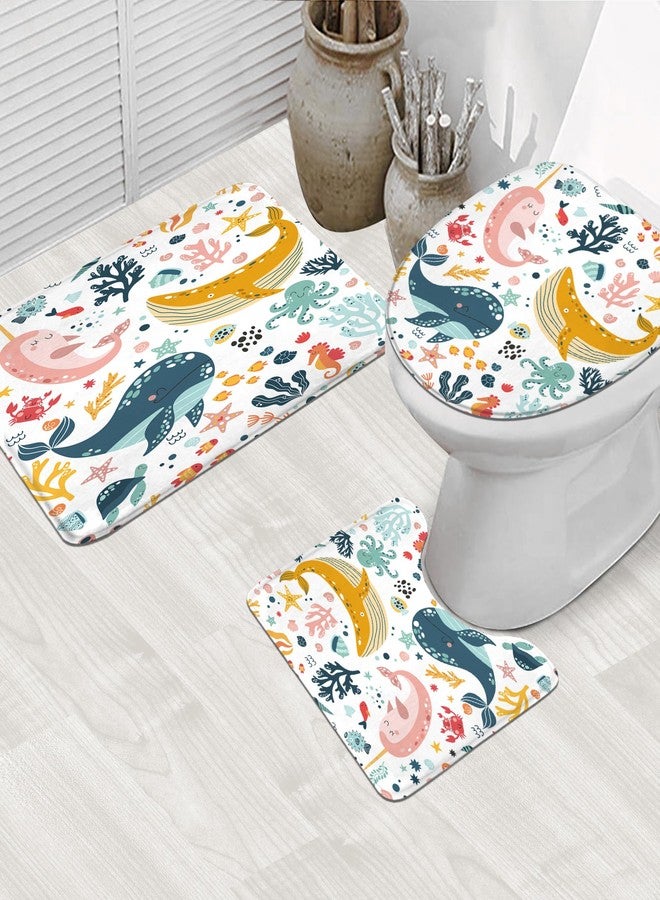 LGhtyro 4PCS Kids Whale 71Wx71H Inches Underwater Fish for Girls Ocean Sealife Shower Curtain Sets with Rugs, Toilet Lid Cover and Bath Mat, Cute Bath Accessories Art Home Decor Fabric 12 Pack Hooks - Image 3