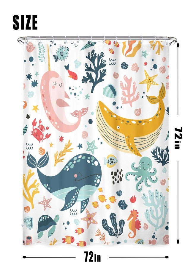 LGhtyro 4PCS Kids Whale 71Wx71H Inches Underwater Fish for Girls Ocean Sealife Shower Curtain Sets with Rugs, Toilet Lid Cover and Bath Mat, Cute Bath Accessories Art Home Decor Fabric 12 Pack Hooks - Image 4