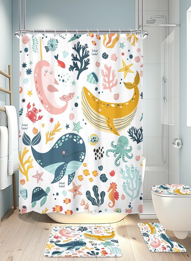 LGhtyro 4PCS Kids Whale 71Wx71H Inches Underwater Fish for Girls Ocean Sealife Shower Curtain Sets with Rugs, Toilet Lid Cover and Bath Mat, Cute Bath Accessories Art Home Decor Fabric 12 Pack Hooks - Image 1