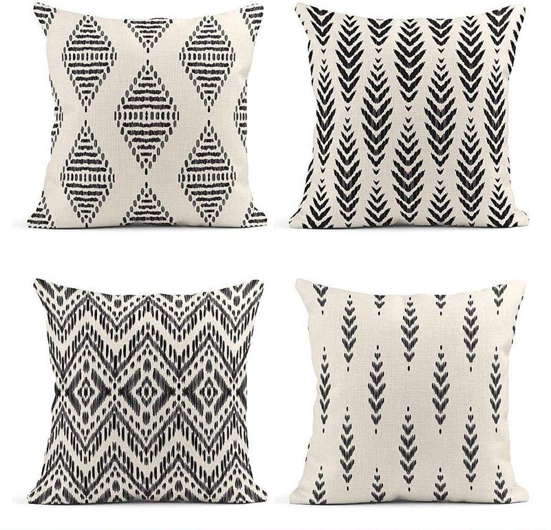 ArtSocket Set of 4 Throw Pillow Covers Ikat Tribal and Boho Bohemian Black Ethnic Herringbone for Ideas Decor Linen Outdoor Pillow Cases Home Decorative Square 26x26 Inches Pillowcases