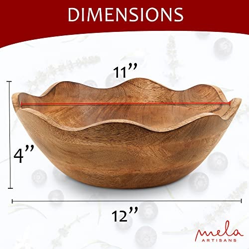 Mela Artisans Scalloped Decorative Wooden Bowl | 12 Inch Mango Wood Fruit & Serving Bowl | Natural Grain Finish | For Kitchen Counter | Snacks | Desserts | Bread | Handcrafted Home Decor - Image 2