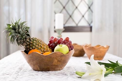 Mela Artisans Scalloped Decorative Wooden Bowl | 12 Inch Mango Wood Fruit & Serving Bowl | Natural Grain Finish | For Kitchen Counter | Snacks | Desserts | Bread | Handcrafted Home Decor - Image 4