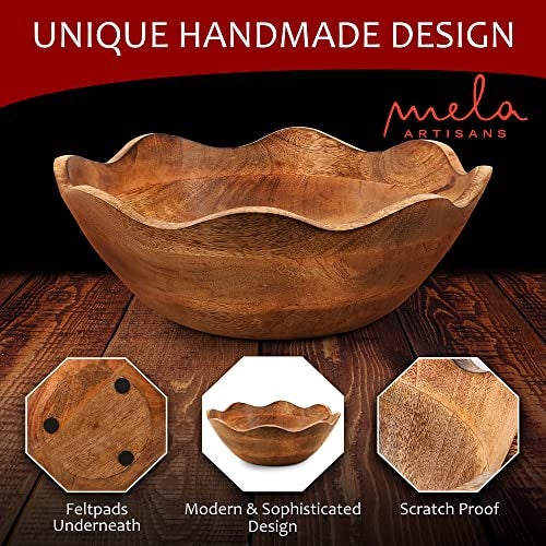 Mela Artisans Scalloped Decorative Wooden Bowl | 12 Inch Mango Wood Fruit & Serving Bowl | Natural Grain Finish | For Kitchen Counter | Snacks | Desserts | Bread | Handcrafted Home Decor - Image 3