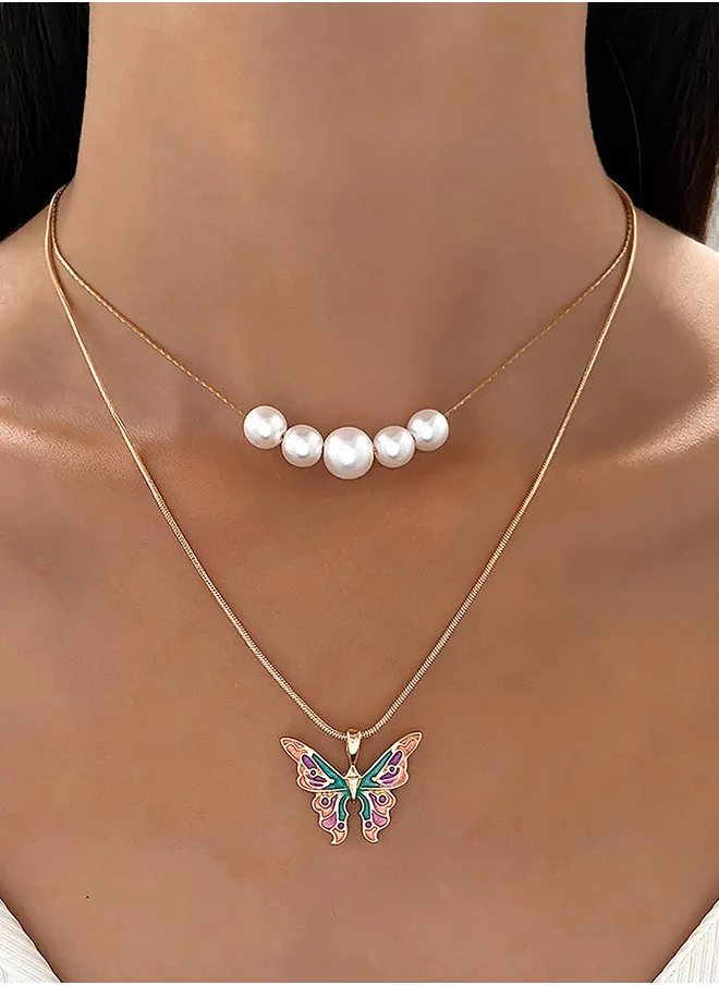 تايك تو Butterfly and Faux Pearl Drop Layered Necklace