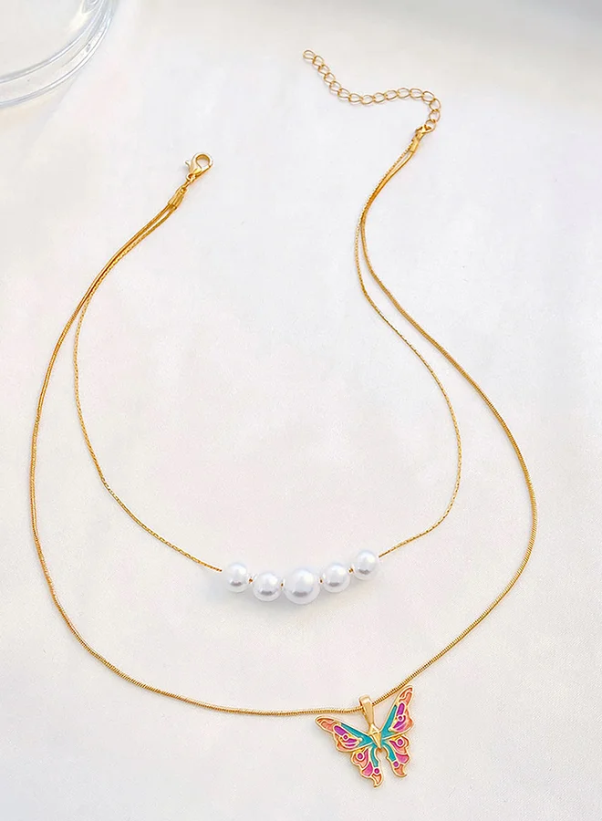 Take Two Butterfly and Faux Pearl Drop Layered Necklace