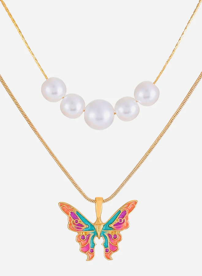 Take Two Butterfly and Faux Pearl Drop Layered Necklace