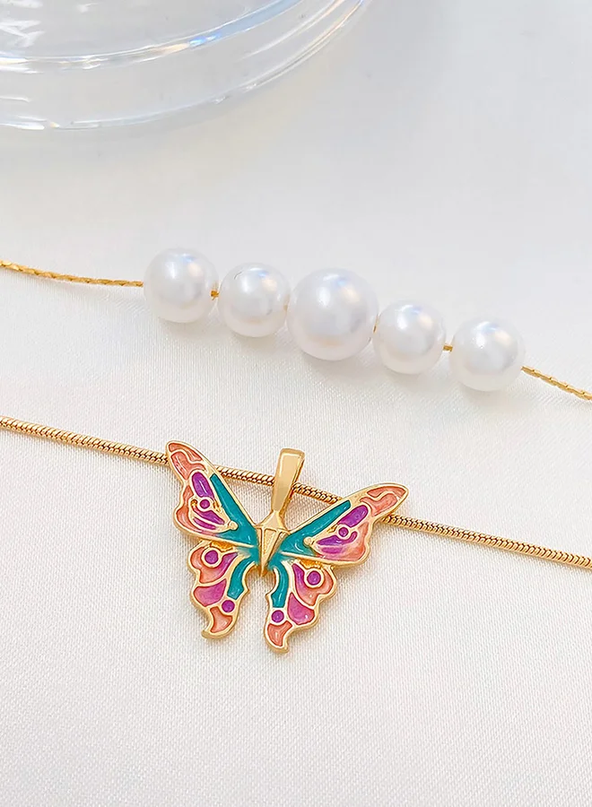 Take Two Butterfly and Faux Pearl Drop Layered Necklace