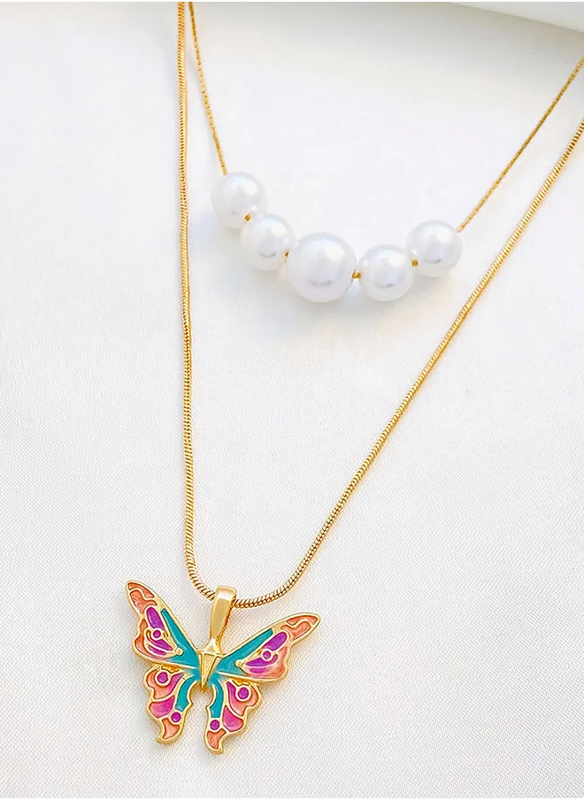 تايك تو Butterfly and Faux Pearl Drop Layered Necklace