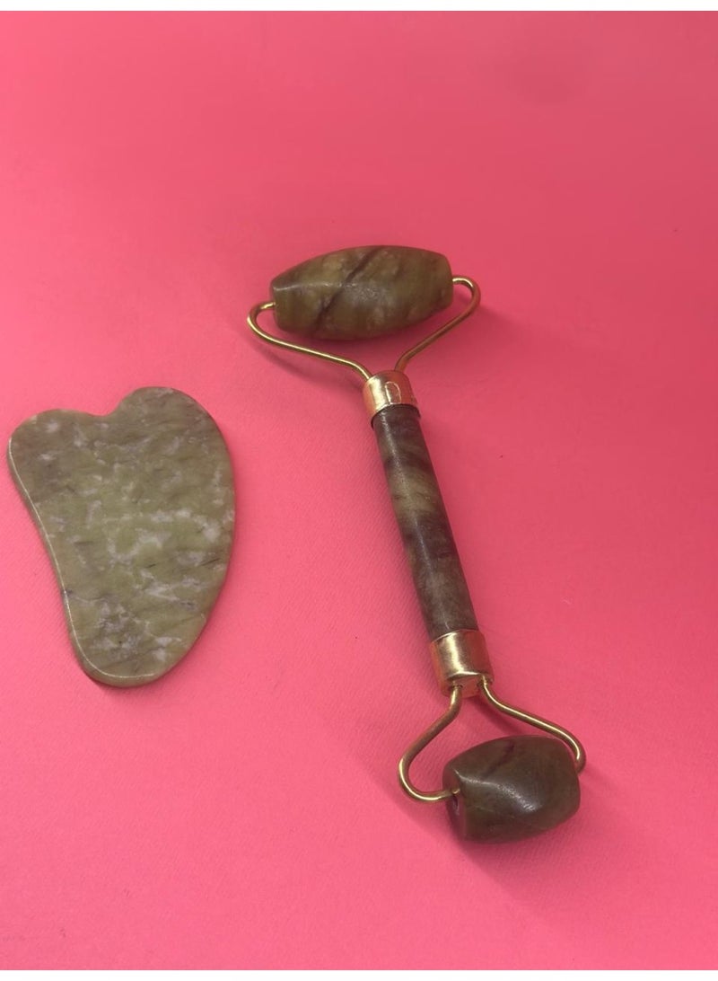 Natural Gua Sha Tools Set Anti-Aging Facial Green Jade Roller for Face and Neck Beauty Massager Tool - Image 1