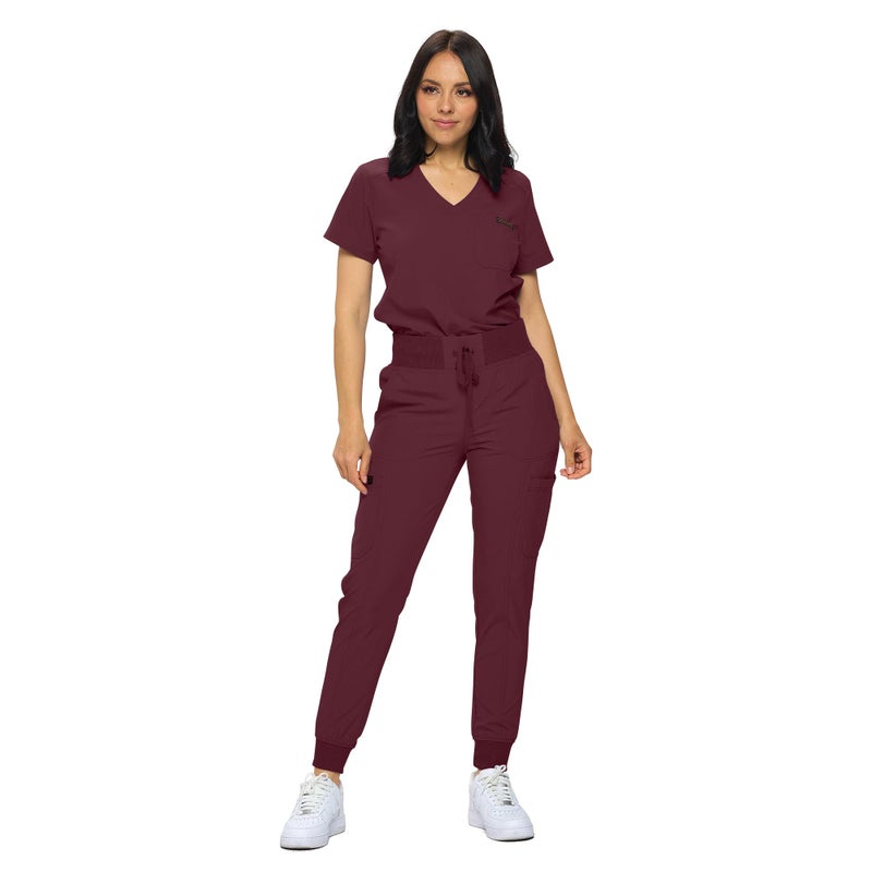 MONARCH UNIFORMS Stretchy Scrubs Women's Jogger Scrub Set In Regular and Petite Jogger Scrubs with Tuck-In Top for Women(Burgundy-S) - Image 1