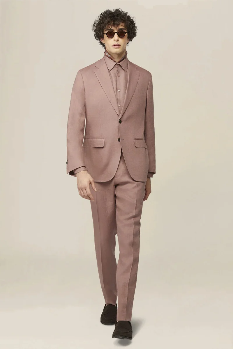 دوبل غانغر Men's single-breasted suit in 100% linen, regular fit - Antique Rose