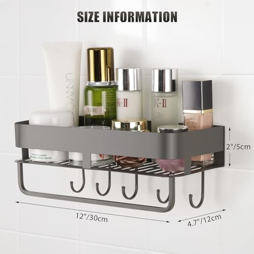 CIBOTIES Adhesive Shower Caddy, 11.8 inch Stainless Steel Shower Shelves for Inside Shower with Hooks & Towel Bar-No Drilling(Gun Gray) - Image 3