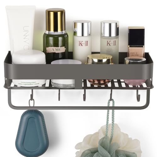 CIBOTIES Adhesive Shower Caddy, 11.8 inch Stainless Steel Shower Shelves for Inside Shower with Hooks & Towel Bar-No Drilling(Gun Gray) - Image 1