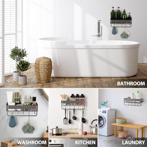 CIBOTIES Adhesive Shower Caddy, 11.8 inch Stainless Steel Shower Shelves for Inside Shower with Hooks & Towel Bar-No Drilling(Gun Gray) - Image 4