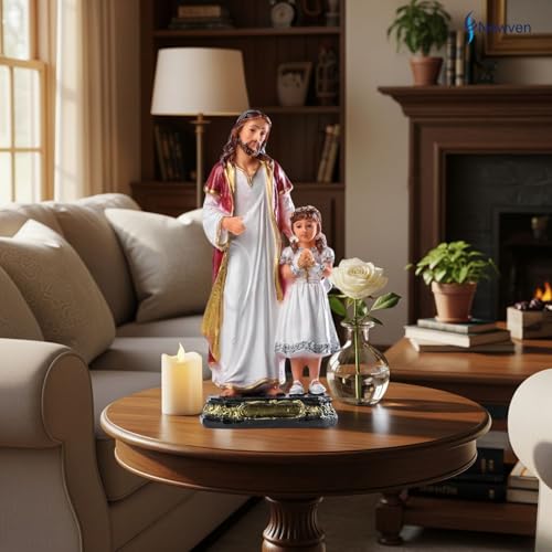 Newven Handcrafted Jesus and Girl Statues First Holy Communion Gifts for Girls Christian Home Decor Birth Day Gift God Idol Showpiece for Table Wall Figurine House Warming, Multicolour, 9x6x20 Cm - Image 4