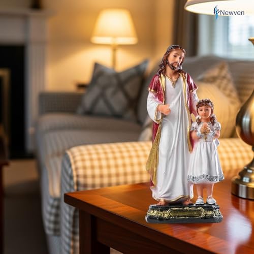 Newven Handcrafted Jesus and Girl Statues First Holy Communion Gifts for Girls Christian Home Decor Birth Day Gift God Idol Showpiece for Table Wall Figurine House Warming, Multicolour, 9x6x20 Cm - Image 2