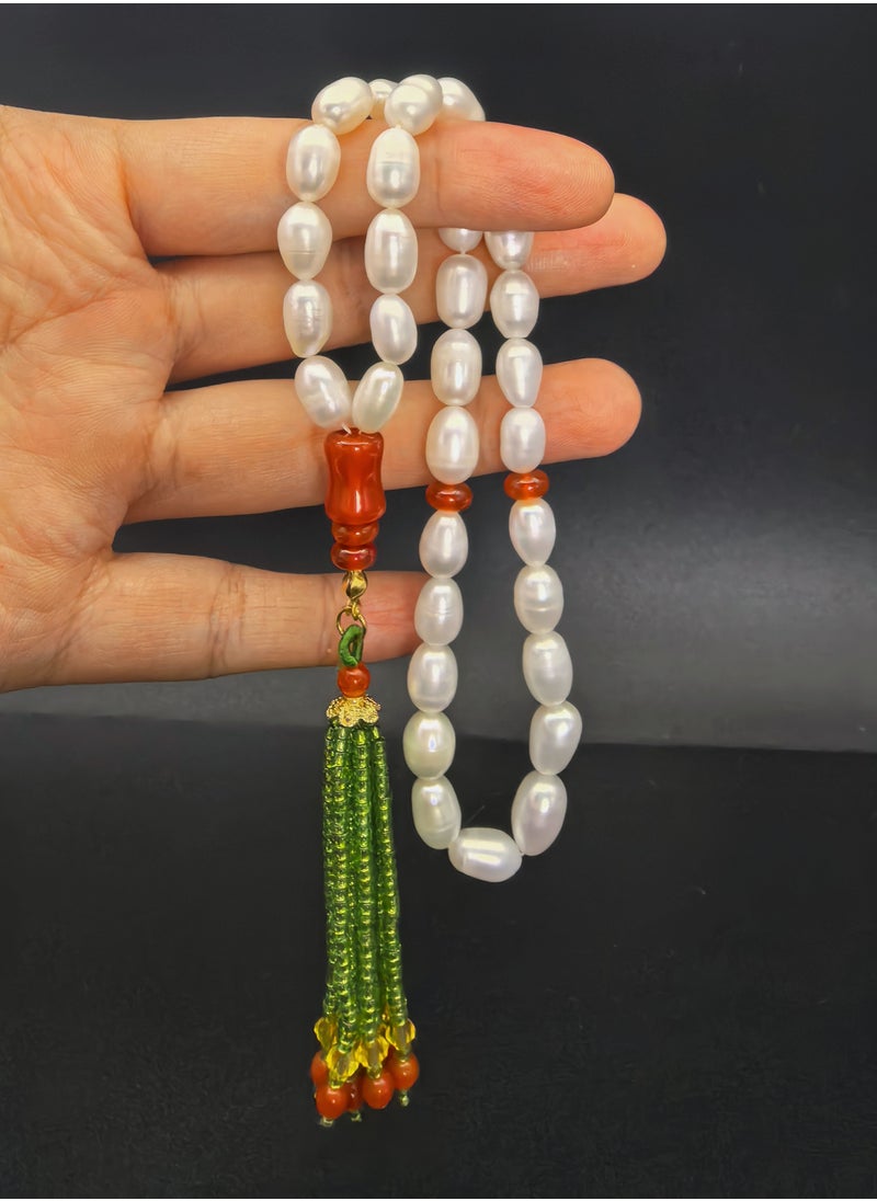 Fianser Tasbih 100% Natural Pearl 33 Prayer Beads Handmade Bead Tassel Tasbeeh Zikr 7*10 mm Muslim Islamic Arabic Ramadan Gift Exquisite  - Image 1