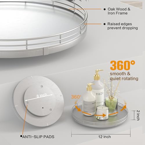Oroyutor 12" Silver Lazy Susan for Table Top, Oak Wood Lazy Susan Turntable Organizer for Dining Coffee Table Centerpiece Bar Decor Kitchen Countertop Bathroom Vanity Decorative Tray for Perfume Jewelry Round - Image 5