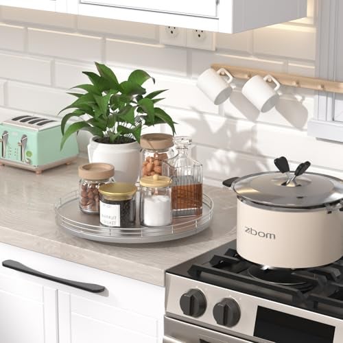 Oroyutor 12" Silver Lazy Susan for Table Top, Oak Wood Lazy Susan Turntable Organizer for Dining Coffee Table Centerpiece Bar Decor Kitchen Countertop Bathroom Vanity Decorative Tray for Perfume Jewelry Round - Image 3
