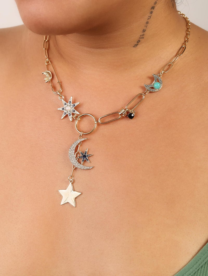 Sacina Boho Gold-Tone Moon and Star Necklace, Star Jewelry, Gold-tone Charm Boho Necklace, Christmas Jewelry Gift For Women - Image 4