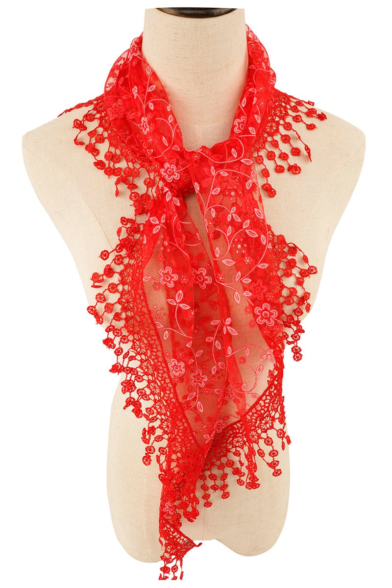 YOUR SMILE Lightweight Soft Leaf Lace Fringes Triangular Floral Fashion Towel Scarf Wrap for Women (Red) - Image 3