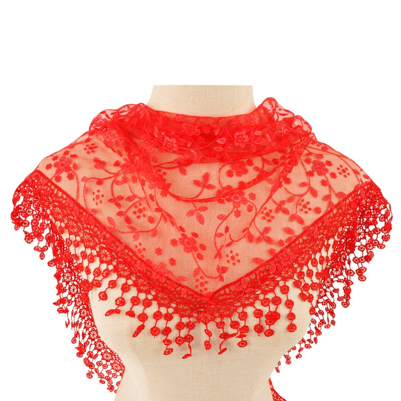 YOUR SMILE Lightweight Soft Leaf Lace Fringes Triangular Floral Fashion Towel Scarf Wrap for Women (Red) - Image 2