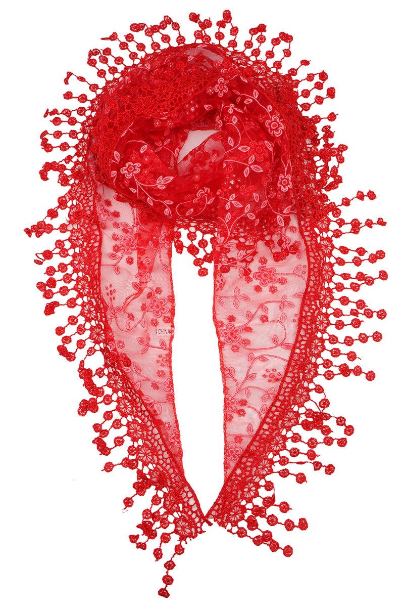 YOUR SMILE Lightweight Soft Leaf Lace Fringes Triangular Floral Fashion Towel Scarf Wrap for Women (Red) - Image 1