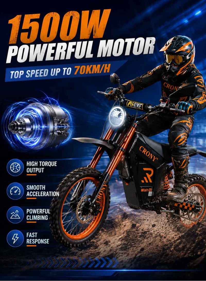 Crony WISH-01 1500W Electric Dirt Bike for Teens/Adults – 70Kilo/H High-Speed Off-Road  Bike with 48V/25AH Lithium Battery, 60KM Long-Range, Dual Disc Brakes, Front & Rear Suspension, Brushless Motor, All-Terrain Tires, LED Headlamp, Rearview Mirror, Mobile Holder – Powerful Electric Trail Bike for Teens & Adults, Eco-Friendly Scooters - Image 3