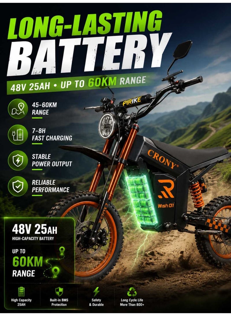 Crony WISH-01 1500W Electric Dirt Bike for Teens/Adults – 70Kilo/H High-Speed Off-Road  Bike with 48V/25AH Lithium Battery, 60KM Long-Range, Dual Disc Brakes, Front & Rear Suspension, Brushless Motor, All-Terrain Tires, LED Headlamp, Rearview Mirror, Mobile Holder – Powerful Electric Trail Bike for Teens & Adults, Eco-Friendly Scooters - Image 4