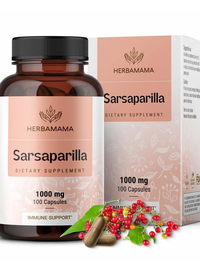 HERBAMAMA Sarsaparilla Root Capsules - 1000mg Sarsaparilla Powder for Herbal Liver Cleanse Support - Vegan, Non-GMO Smilax Liver Supplement, 100 Caps - Image 1