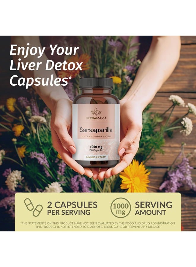 HERBAMAMA Sarsaparilla Root Capsules - 1000mg Sarsaparilla Powder for Herbal Liver Cleanse Support - Vegan, Non-GMO Smilax Liver Supplement, 100 Caps - Image 2