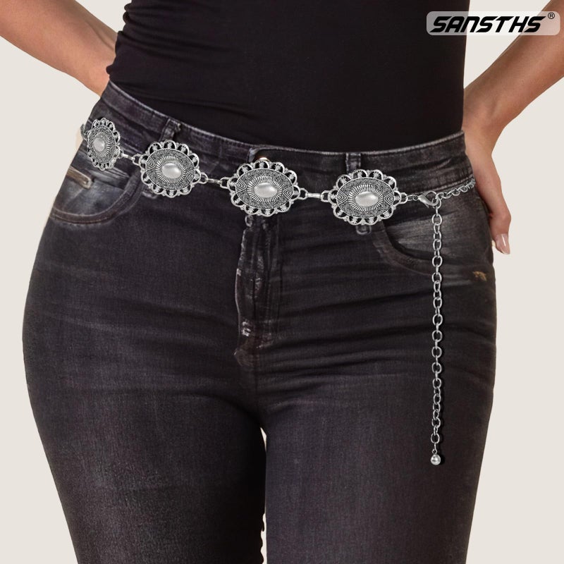 SANSTHS Women Western Concho Belt Cowgirl Boho Chain Belt Country Concert Metal Belt for Dresses,S - Image 3