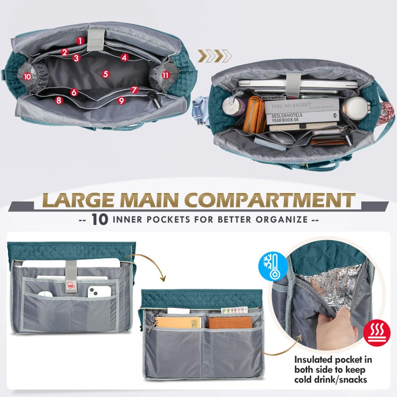 RAINSMORE Teacher Tote Bag 17.3 inch Laptop Bag for Women Work Bags Laptop Tote Nurse Bag Professional Computer Messenger with Insulated Pocket Briefcase, Teal - Image 4