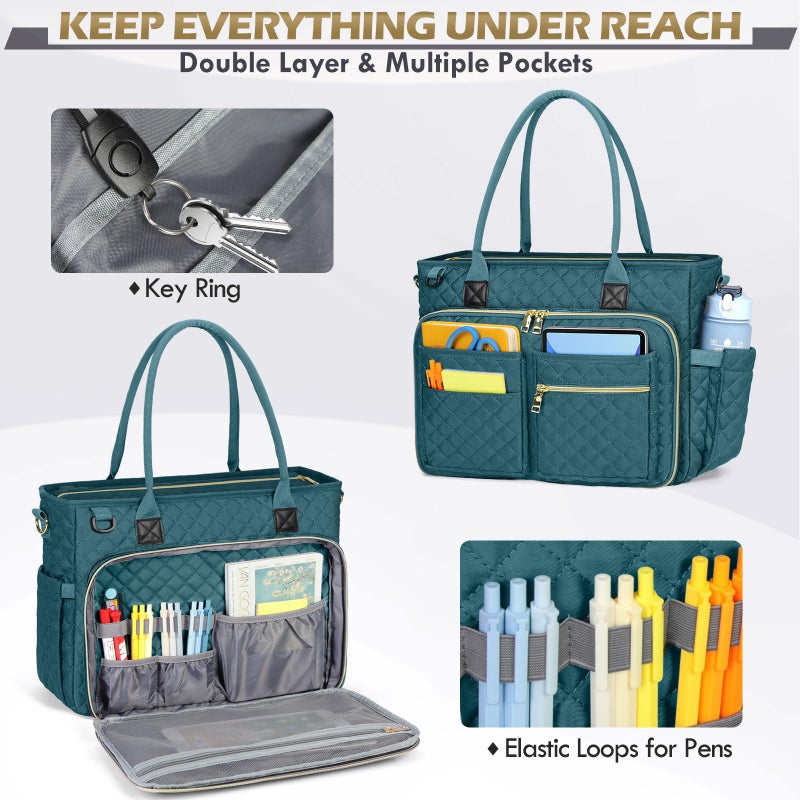 RAINSMORE Teacher Tote Bag 17.3 inch Laptop Bag for Women Work Bags Laptop Tote Nurse Bag Professional Computer Messenger with Insulated Pocket Briefcase, Teal - Image 5