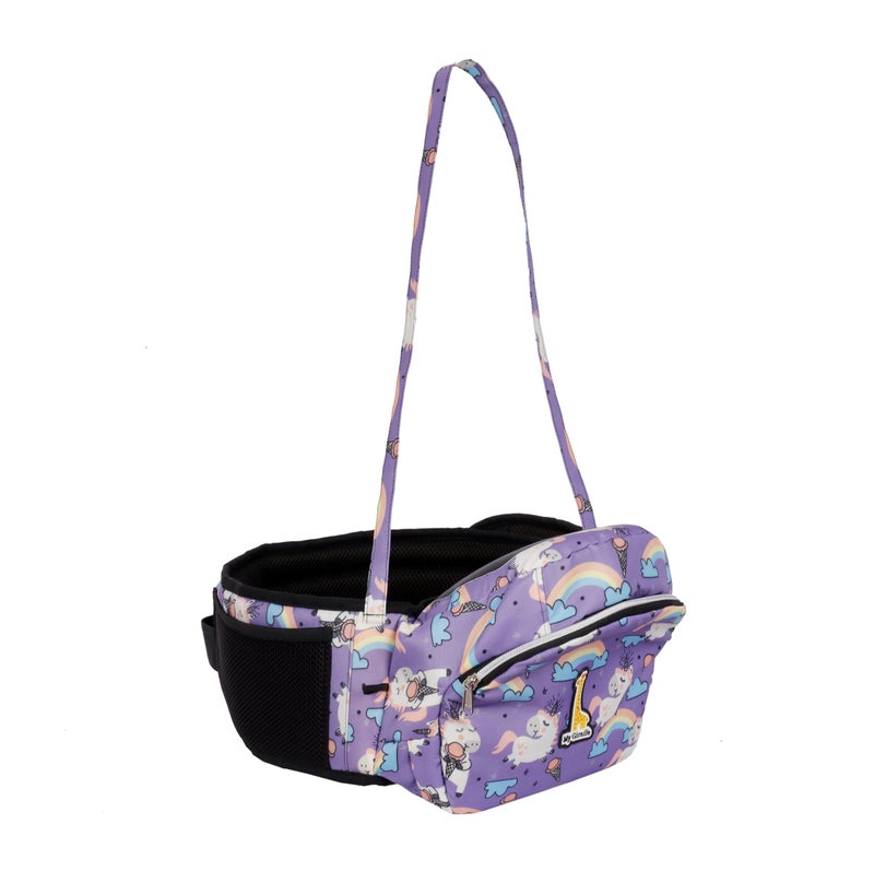 My Giraffe - Hippy Hop - Hip Seat Baby Carrier for 5 Months to 3 Years | Diaper Storage & Phone Pocket | Portable Sling Strap | Ergonomic Seat | Supports Up to 20 kg | Travel-Friendly (Purple Unicorn) - Image 1