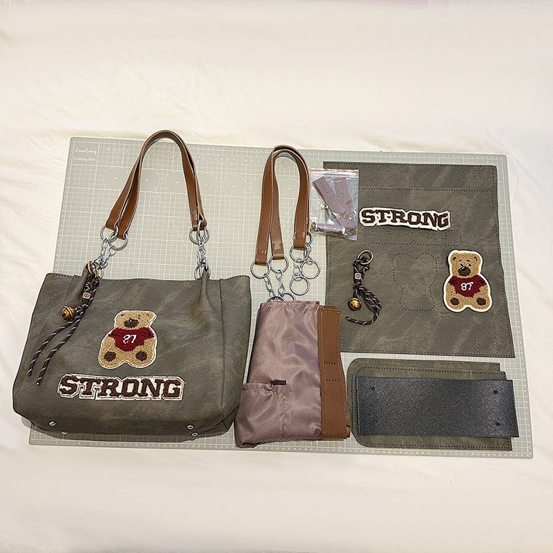 Cartoon Bear Large Capacity Tote Bag Diy Handmade Woven Bag Homemade Material Bag Hand-Stitched Shoulder Bag - Image 2