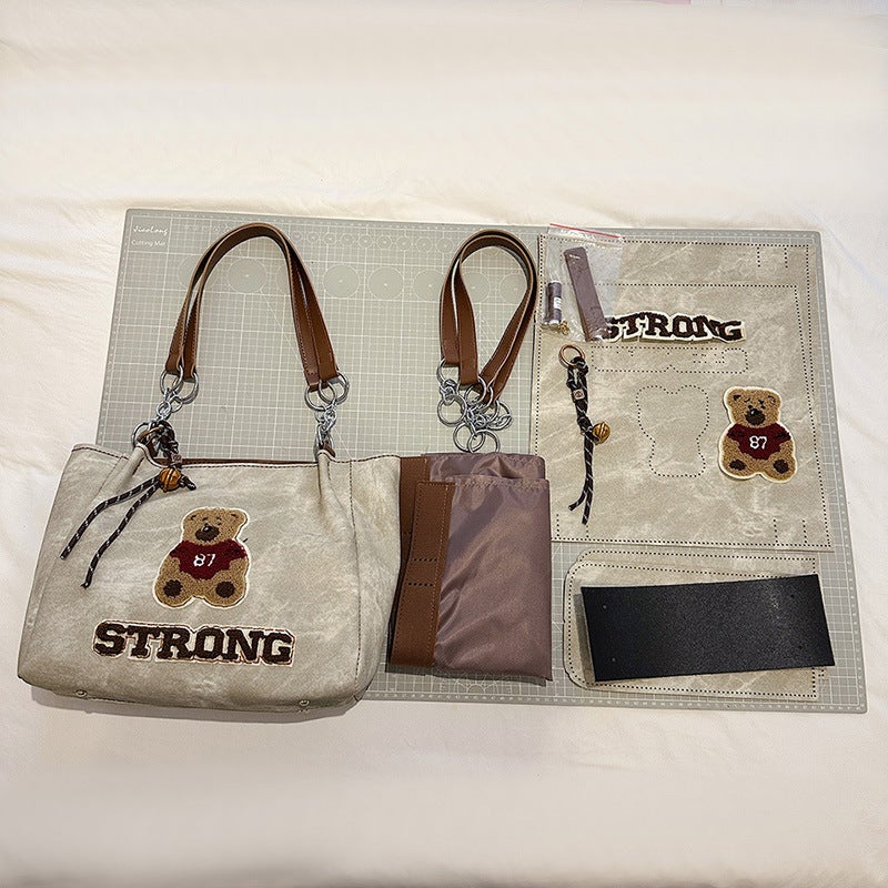 Cartoon Bear Large Capacity Tote Bag Diy Handmade Woven Bag Homemade Material Bag Hand-Stitched Shoulder Bag - Image 1