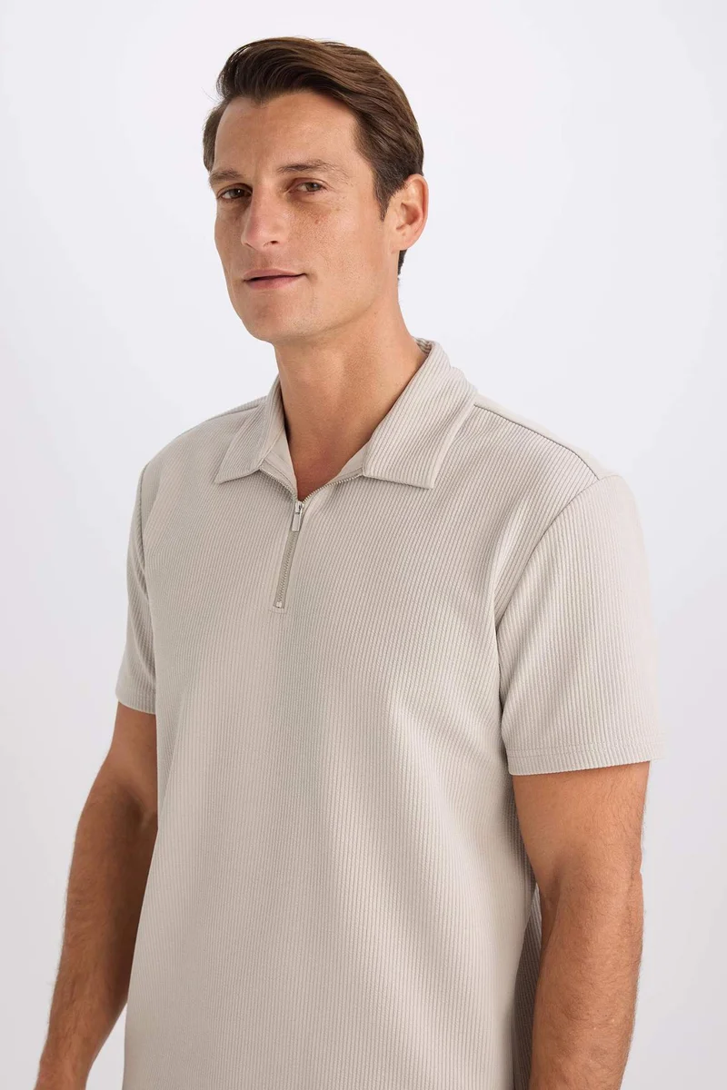 Defacto  Regular Fit Half Zip-Up Pleated Polo T-Shirt for Men | Best Price UAE