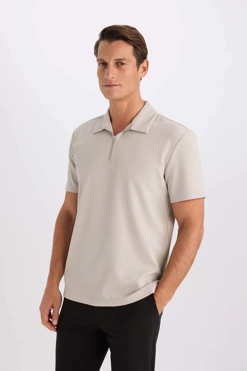 Defacto  Regular Fit Half Zip-Up Pleated Polo T-Shirt for Men | Best Price UAE