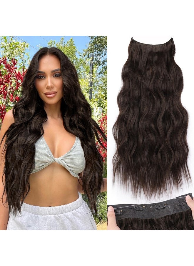 KooKaStyle Invisible Wire Hair Extensions With Transparent Wire Headband Adjustable Size 4 Secure Clips Long Wavy Hairpiece For Women (24 Inch Dark Brown/6#)  - Image 1