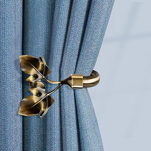 HIKMLK 2pcs Handmade Leaf Curtain Tiebacks - Antique Brass Botanical Holdbacks & Side Holders, Brushed Metallic LacquerWall Mounted Pull Backs for Fresh Drapes Window Decor - Image 1