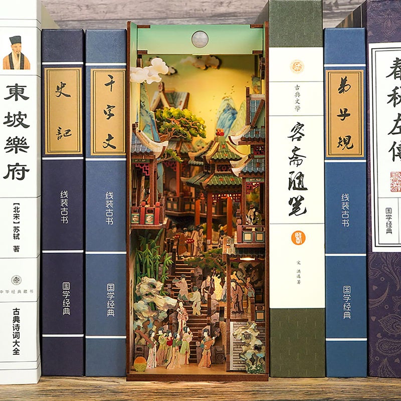 Tonecheer DIY Book Nook Kit for Adults, Wooden 3D Puzzle Bookend Bookshelf Insert Decor, Chinese Booknook Miniature House Kit with Dust Cover and Body Motion Sensor LED (Song Dynasty Culture) - Image 2