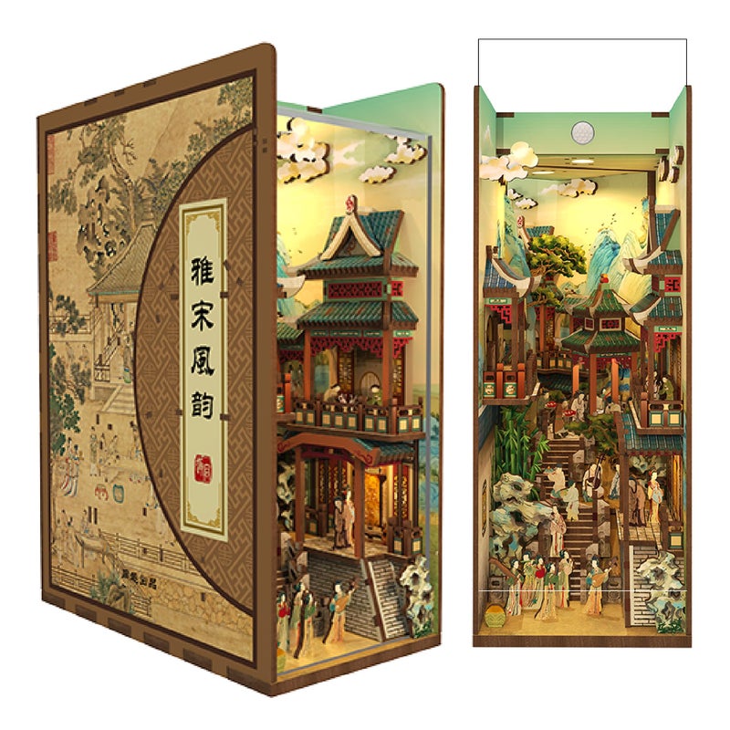 Tonecheer DIY Book Nook Kit for Adults, Wooden 3D Puzzle Bookend Bookshelf Insert Decor, Chinese Booknook Miniature House Kit with Dust Cover and Body Motion Sensor LED (Song Dynasty Culture) - Image 1