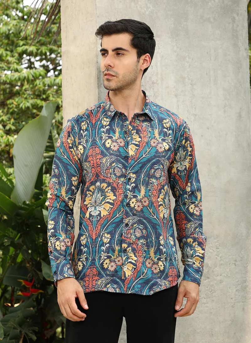 كامبوس سوترا قميص رجالي أزرق بحري بنقوش زهور فاخرة