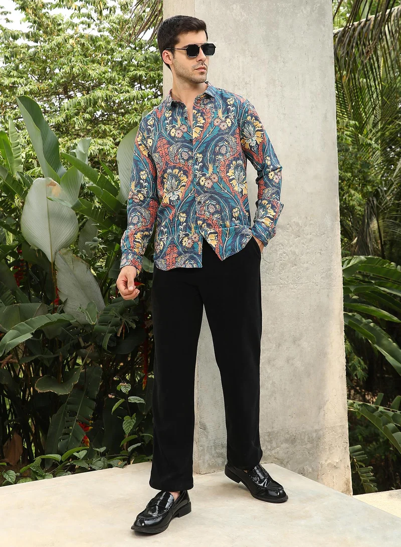 Campus Sutra Men's Aegean Blue Floral-Opulance Shirt