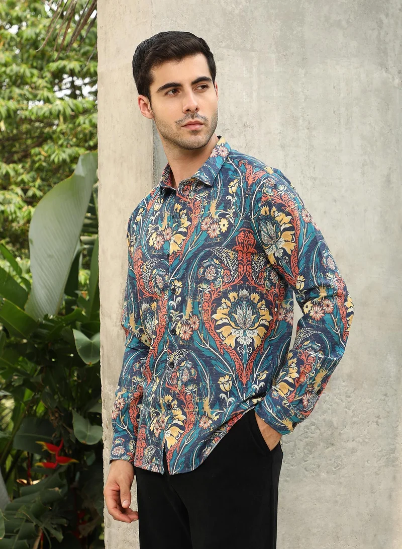 Campus Sutra Men's Aegean Blue Floral-Opulance Shirt
