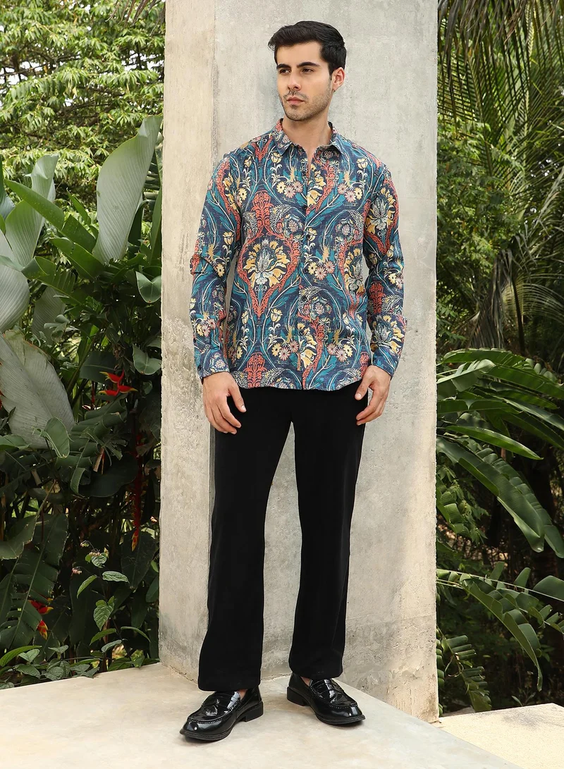 Campus Sutra Men's Aegean Blue Floral-Opulance Shirt