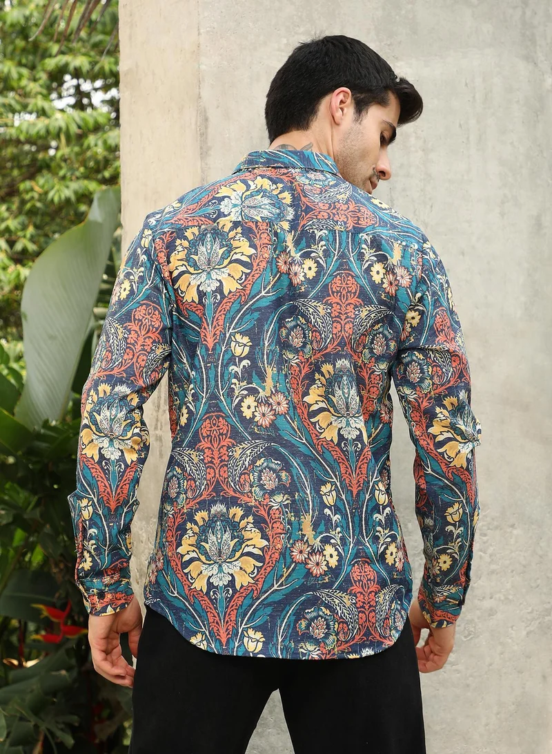 Campus Sutra Men's Aegean Blue Floral-Opulance Shirt
