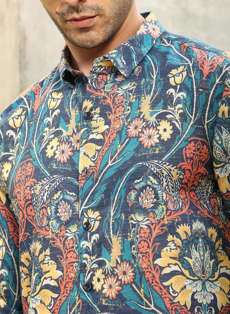 Campus Sutra Men's Aegean Blue Floral-Opulance Shirt
