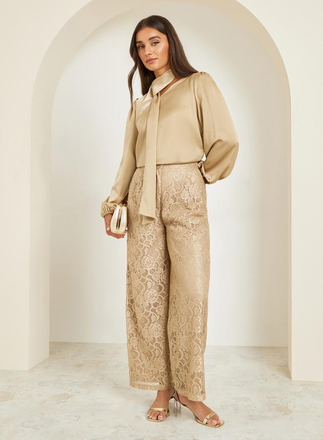 Styli Beige Tie-Neck Satin Blouse - Image 2